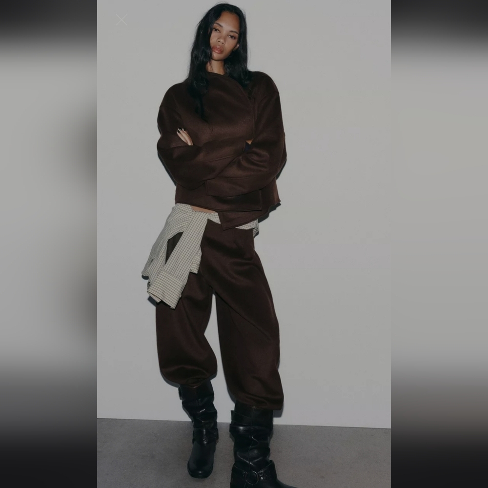 ZARA BROWN WOOL BLEND BARREL TROUSERS WITH PLEATS ✨️✨️✨️